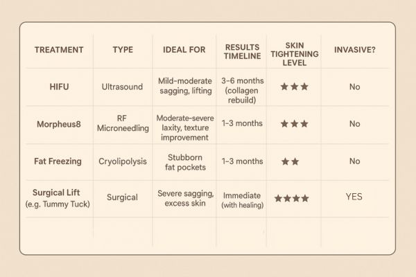 Table showing the comparisons of Skin tightening Tamworth treatment options.
